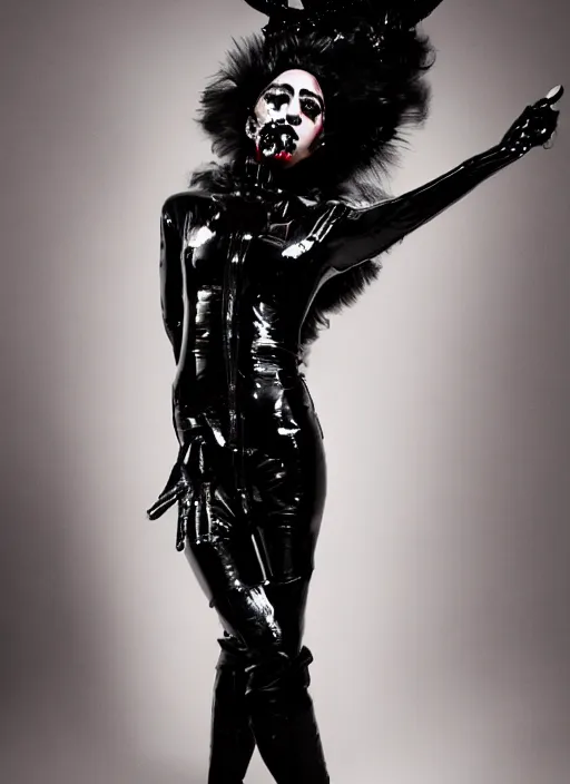 Image similar to lady gaga by nick knight, born this way, born this way album, dark themed, black outfit, black lipstick, red weapon 8 k s 3 5, cooke anamorphic / i lenses, highly detailed, cinematic lighting