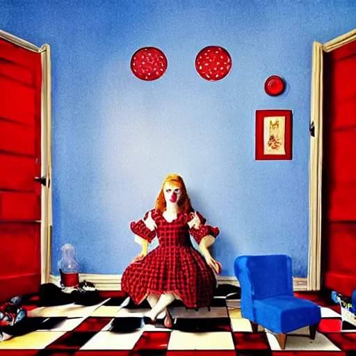 Image similar to alice in the wonderland, sitting, checkered floor, chair, blue dress, red door blonde, ceiling by cheval michael