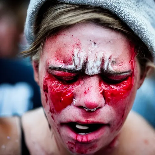 Image similar to close - up photo of a trump supporter crying, soaked in tears, mascara running down, bloodshot eyes, street photography, canon 2 0 0 mm lens f 2. 8