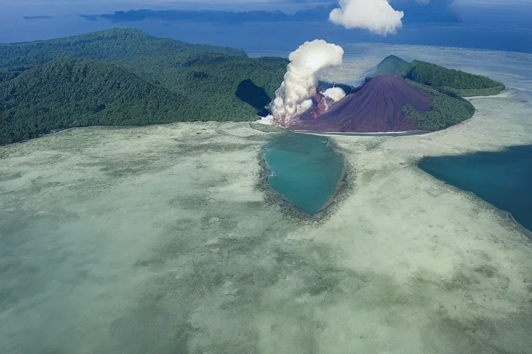 Prompt: aerial drone wide view of Anak Krakatau volcano island by Bernhard Edmaier,tectonics,islands,structural geology