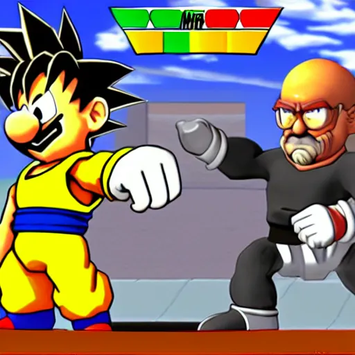 Image similar to goku walter white and mr. incredible cook uncanny meth in super mario 6 4, official screenshot