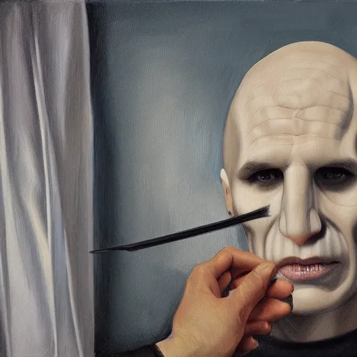 Prompt: voldemort getting a haircut oil painting