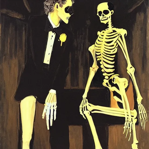 Prompt: a skeleton in a black suit tuxedo, talking to a beautiful woman in a low cut blouse and a miniskirt, Black light velvet painting by Basil Gogos and Robert McGinnis