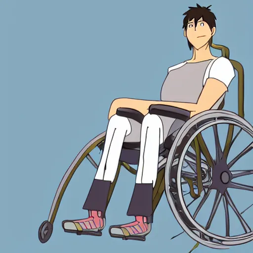 Prompt: a wholesome animation key shot of a handsome a wheelchair guy fitness posing, studio ghibli, pixar and disney animation, sharp, dramatic lighting