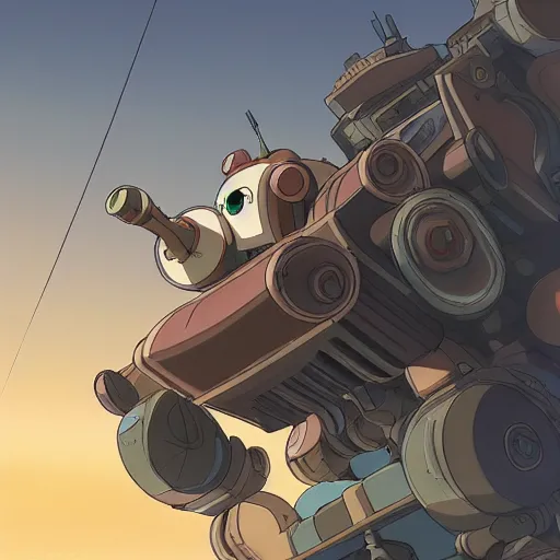 Prompt: a beautiful movie still in the style of Studio Ghibli anime showing a 3/4 view of an adorable tank mecha with arms. Studio Ghibli, aerial photography, wide angle lens, trending on artstation, trending on behance