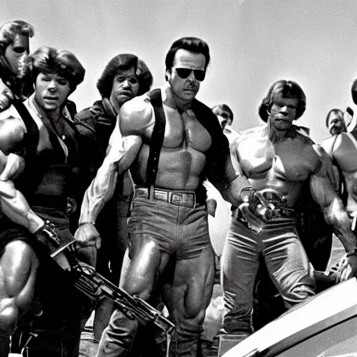Image similar to arnold schwarzenegger and a group of other bad guys take over the year 1 9 8 0, then arnold makes the planet safe for himself and his gang by killing everyone, movie still