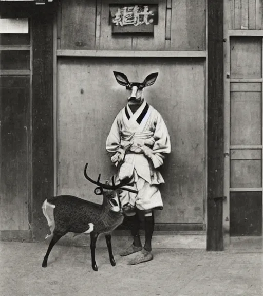 Image similar to 1 8 th century japanese street market in kyoto 1 9 0 0 s early photography portrait anthro anthropomorphic deer head animal person fursona wearing clothes street trader