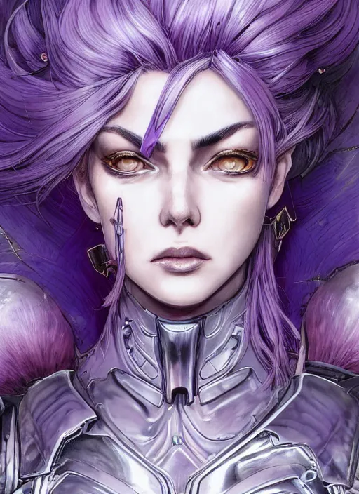 Prompt: close up portrait of a pale woman in amethyst power armor with purple hair, powerful, domineering, stoic, masterful, intense, ultrafine hyperdetailed illustration by kim jung gi, irakli nadar, takuji kawano, intricate linework, sharp focus, octopath traveler, highly rendered, detailed, concept art