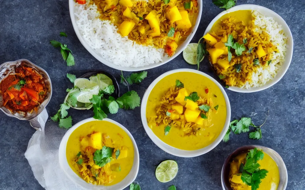 Prompt: a sri lankan rice and curry dish with mango lassi and cola