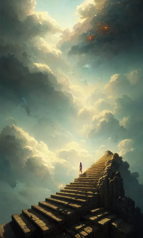 Image similar to stairway to heaven, sky full of clouds, art by greg rutkowski and peter mohrbacher, featured in artstation, octane render, cinematic, elegant, intricate, ultra detailed, rule of thirds, professional lighting, unreal engine, fantasy, concept art, sharp focus, illustration, 8 k