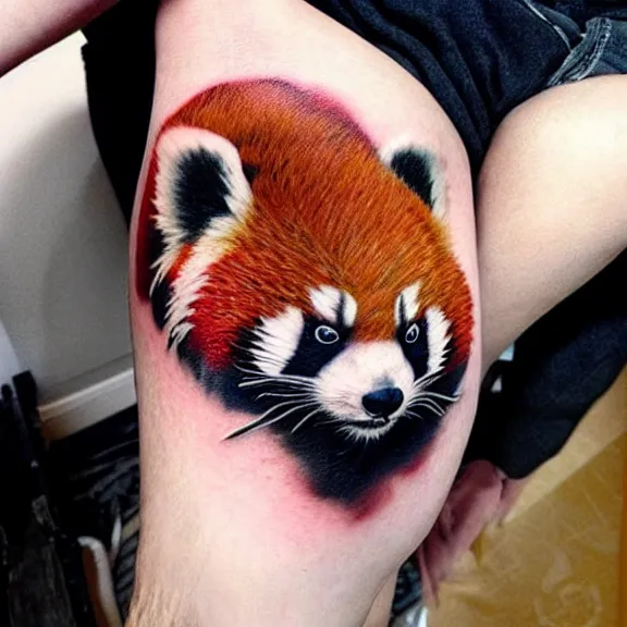 Image similar to “neotraditional tattoo of a red panda in a fullcap hat, digital art, tattoo art, highly detailed, hiperrealistic, photorealistic, 4k UHD, Zoltán Szente”