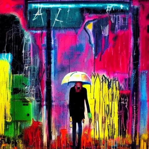 Prompt: rain like a dream, oil painting, cyberpunk, basquiat + francis bacon, elevated street art, fantasy lut, pink, blue, purple, green,