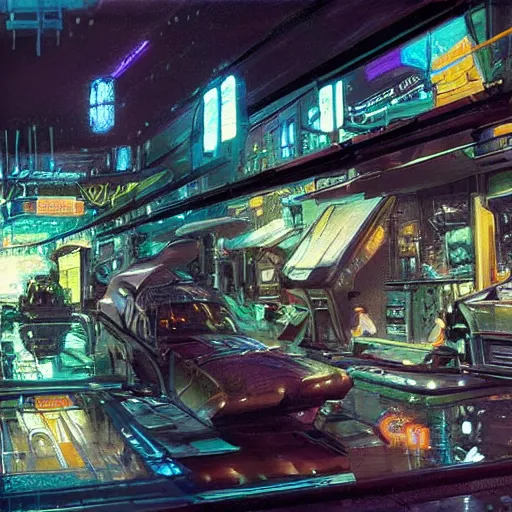 Prompt: detailed painting of a cyberpunk street with a fish tank, celestial ephemeral ornaments and hr giger architecture, artstation, syd mead, cinematic