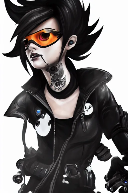 Image similar to digital drawing of tracer from overwatch in a goth style, wearing black lipstick and black eyeliner, 4 k, artstation, beautiful artwork, volumetric lighting, extremely detailed, neutral expression, focus on face, fog,