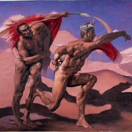 Image similar to Silk sheet intercession desert the tempest male Bedouin under crimson azure diamond sky, in the style of Frank Frazetta, Jeff Easley, Caravaggio, extremely clear faces coherent, clear lines, 8K revolution