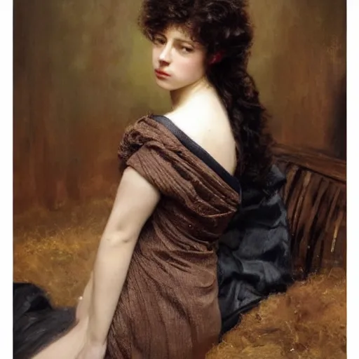 Prompt: a oil painting of a fair skin with dark curly stylised hair queen wearing dress, by frederick william elwell, by otomo highly detailed, realistic, concept art, jewels, oriental, desaturated