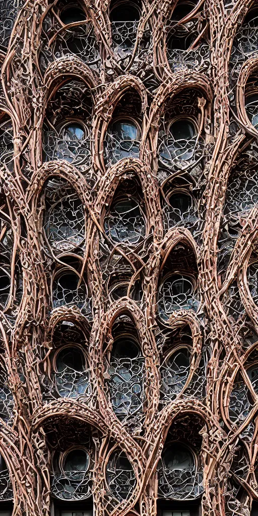 Image similar to a professional photograph of a very beautiful beautiful modern building by Louis Sullivan and H.R. Giger covered in copper and ironwork vines, deep crevices of stone, Chiaroscuro, layers of colorful reflections, rusticated stone base, rusticated stone base, rusticated stone base, a dramatic sky, crowds of people climb the building, a dramatic sky, crowds of people , Sigma 75mm, ornate, very detailed, Symmetrical composition, centered, intricate, panoramic, Dynamic Range, HDR, chromatic aberration, Orton effect, 8k, photo by Marc Adamus, painting by Jeremy Mann, cinematic, vignette, vignette tilt-shift, bokeh , artstation