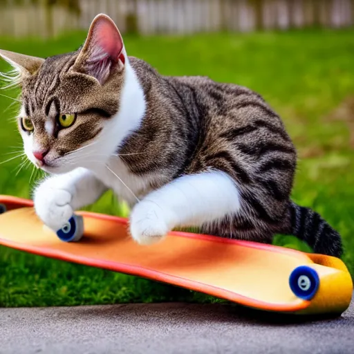 Prompt: cat on a skateboard going down a hill