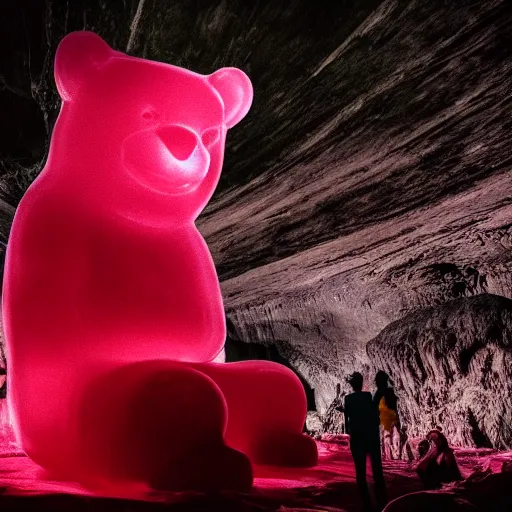 Image similar to a stunning image of a giant gummy bear on a pedestal, many people worshipping, dark cave like surrounding.