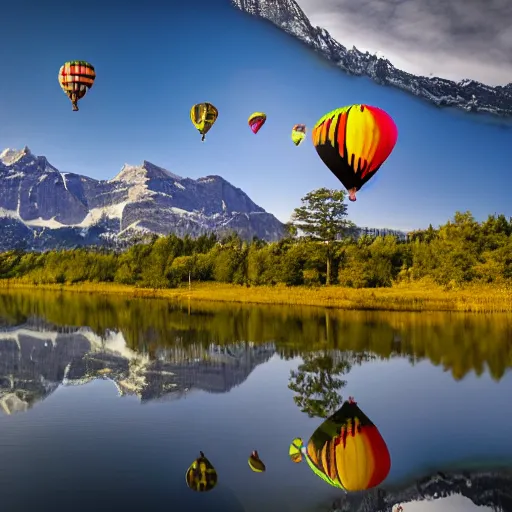 Image similar to photo of two black swans touching heads in a beautiful reflective mountain lake, a colorful hot air balloon is flying above the swans, hot air balloon, intricate, 8k highly professionally detailed, HDR, CGsociety