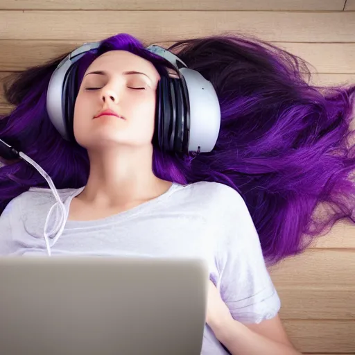 Image similar to beautiful purple - haired female sleeping at desktop computer, wearing headphones, snoring, stylized