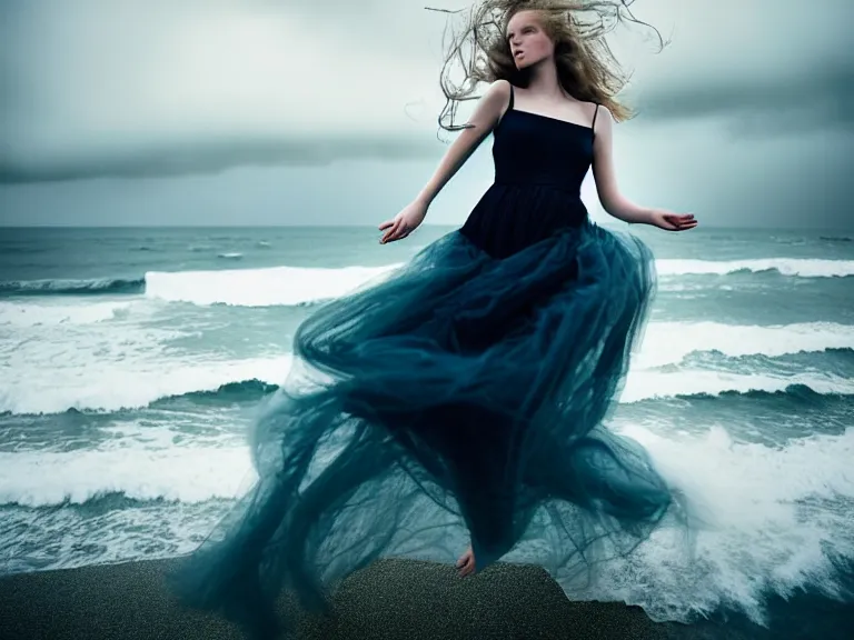 Image similar to cinestill 5 0 d half - length portrait photo portrait of a woman britt marling 3 / 4 style of nicholas fols, 1 5 0 mm, dress in voile, hair like dark clouds, hair floating on air, head in focus, mute dramatic colours, soft blur outdoor stormy sea background, volumetric lighting, hyper detailed, hyper realistic