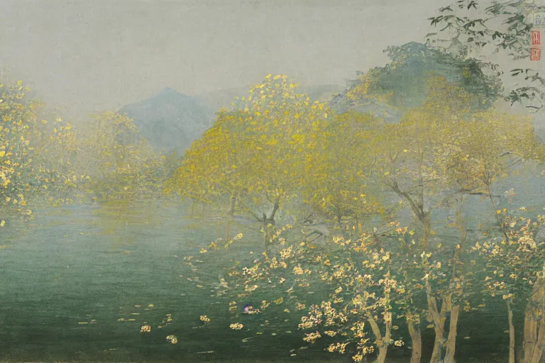 Image similar to an ultradetailed landscape painting of westlake in china hangzhou, light yellow may flowers blossoms nearby, autumn wind, chinese water color, smooth, sharp focus, illustration, by hilma af klint