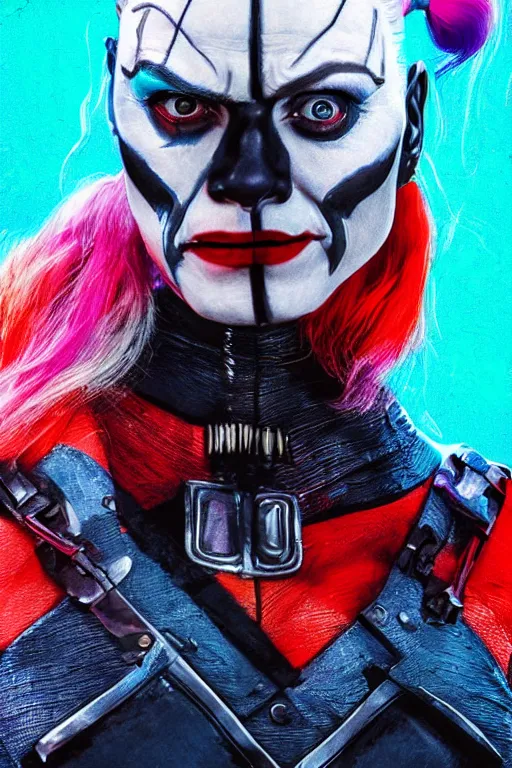 Image similar to portrait of williem dafoe as a harley quinn in suicide squad. intricate abstract. intricate artwork. by tooth wu, wlop, beeple, dan mumford. octane render, trending on artstation, greg rutkowski very coherent symmetrical artwork. cinematic, hyper realism, high detail, octane render, 8 k, iridescent accents