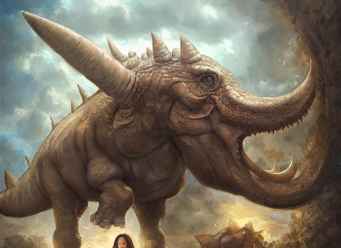 Prompt: a cute little girl with wavy curly brown hair meets a triceratops. beautiful painting by artgerm and greg rutkowski