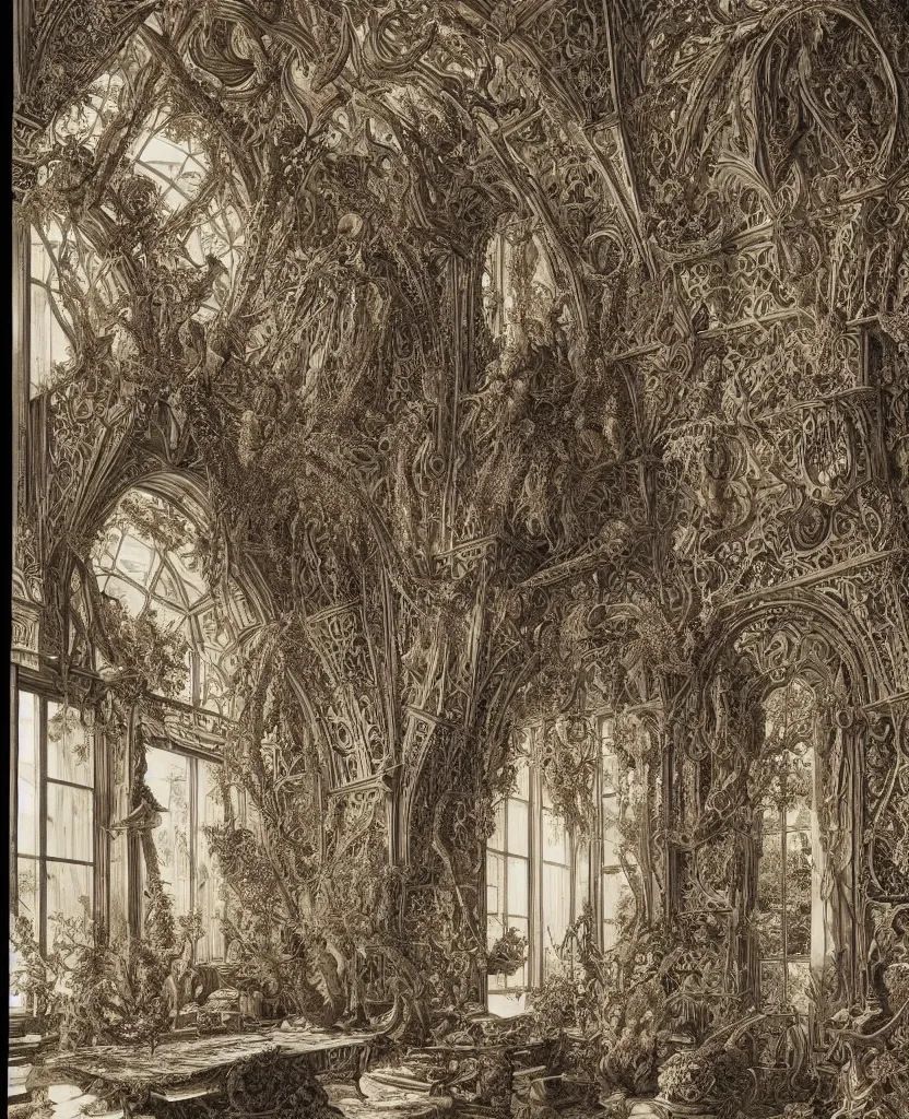 Prompt: an interior, designed by ernst haeckel, art forms in nature, afternoon light, intricate high details, sharp, ultradetailed