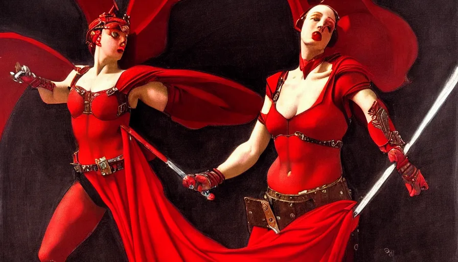 Image similar to only with red, an armored female gladiator in a crowded roman amphitheatre, crowd cheering, in the style of rolf armstrong and ambrosius benson and edward hopper and and rodcenko, intricate and epic composition, red by caravaggio, highly detailed, masterpiece, red light, artstation