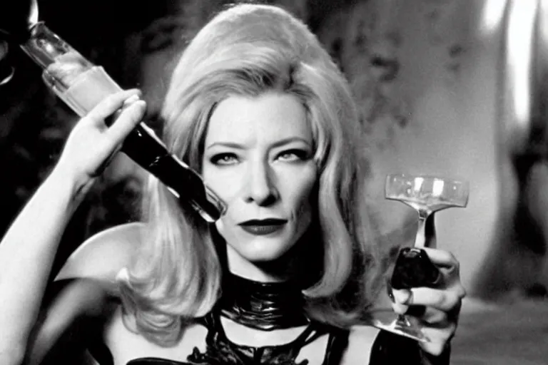 Image similar to cate blanchett drinking wine in barbarella (1968), movie still