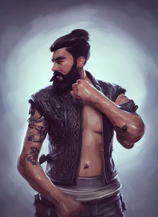 Image similar to a highly detailed illustration of bearded asian man wearing leather jacket with bandaged right hand, focused boxing philly shell stance pose, hands shielding face, intricate, elegant, highly detailed, centered, digital painting, artstation, concept art, smooth, sharp focus, league of legends concept art, WLOP