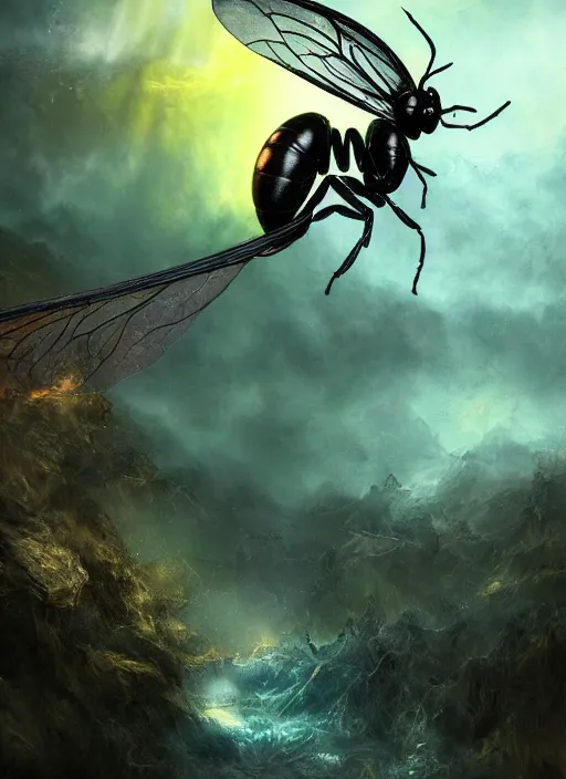 Prompt: photo of a crazy wasp, warped reality, cinematic lighting, fantasy landscape, artstation, art by alison watt, altichiero, americo makk, arthur hughes