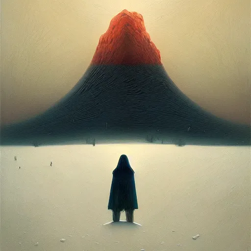 Image similar to a painting of a person standing in the snow, a surrealist painting by zdzisław beksinski and by alena aenami, deviantart, nuclear art, dystopian art, apocalypse landscape, surrealist