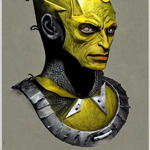 Prompt: ( ( ( head and shoulders portrait of a gaunt noseless yellow - skinned bald githyanki warrior in a breastplate, wielding a magical silver greatsword ) ) ), dave mckean, d & d, fantasy, medieval