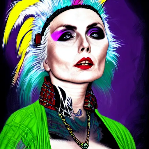 Image similar to portrait of debbie harry as a punk woman with green mohawk, neotraditional tattoos, fishnets, long tartan skirt as phoenix queen, feathers, wings, rainbow clothes,, sci - fi, intricate and very very beautiful and elegant, highly detailed, digital painting, artstation, smooth and sharp focus, illustration, art by tian zi and wlop and alphonse mucha