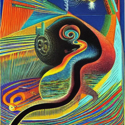 Prompt: empty black void, extremely detailed intricate colorful masterpiece by dr. seuss and max ernst