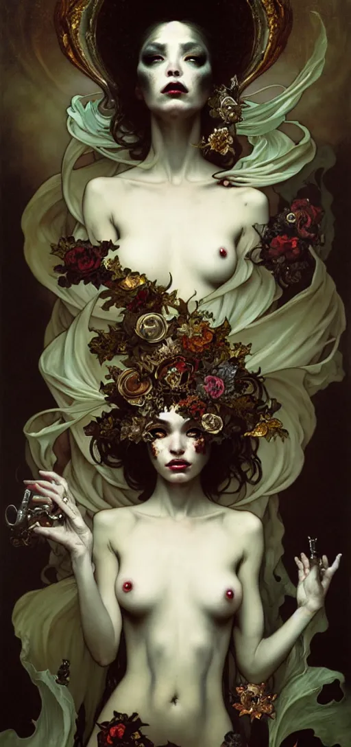 Image similar to baroque oil painting of full body vampire princess portrait, by nekro, peter mohrbacher, alphonse mucha, brian froud, yoshitaka amano, kim keever, victo ngai, james jean