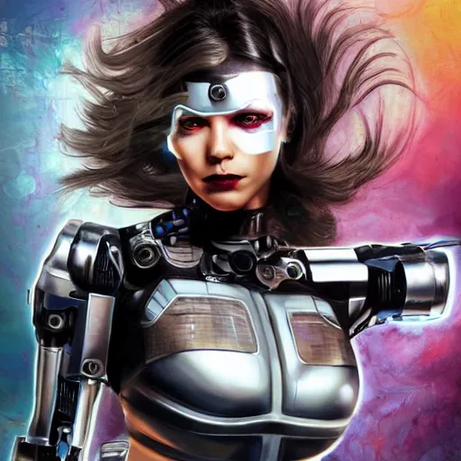 Image similar to a full portrait of beautiful, mischievous, young woman cyborg in latex suit by sandra chevrier, detailed render, epic composition, cybernetics, 4 k realistic, cryengine, realistic shaded lighting, octane render, sharp focus, masterpiece, by matteo scalera, gary montalbano, peter elson in the style of the tokyo ghost comic, epic angles