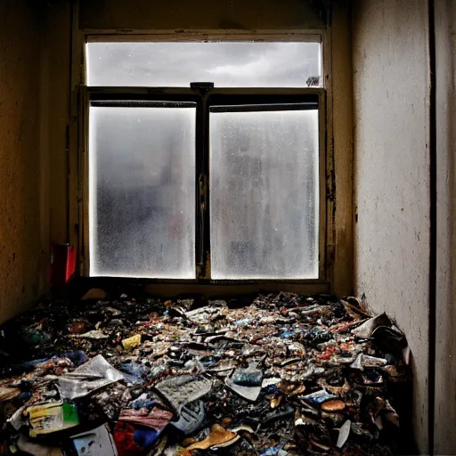 Prompt: photo of an dumpster throught the dirty window, photo by Pieter Hugo.