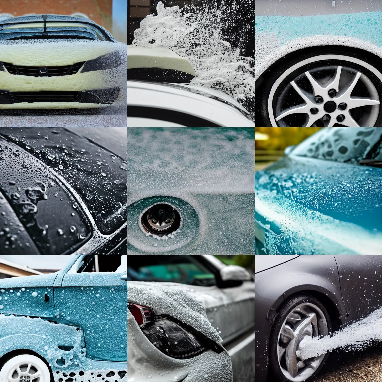 Prompt: close up of a soapy car
