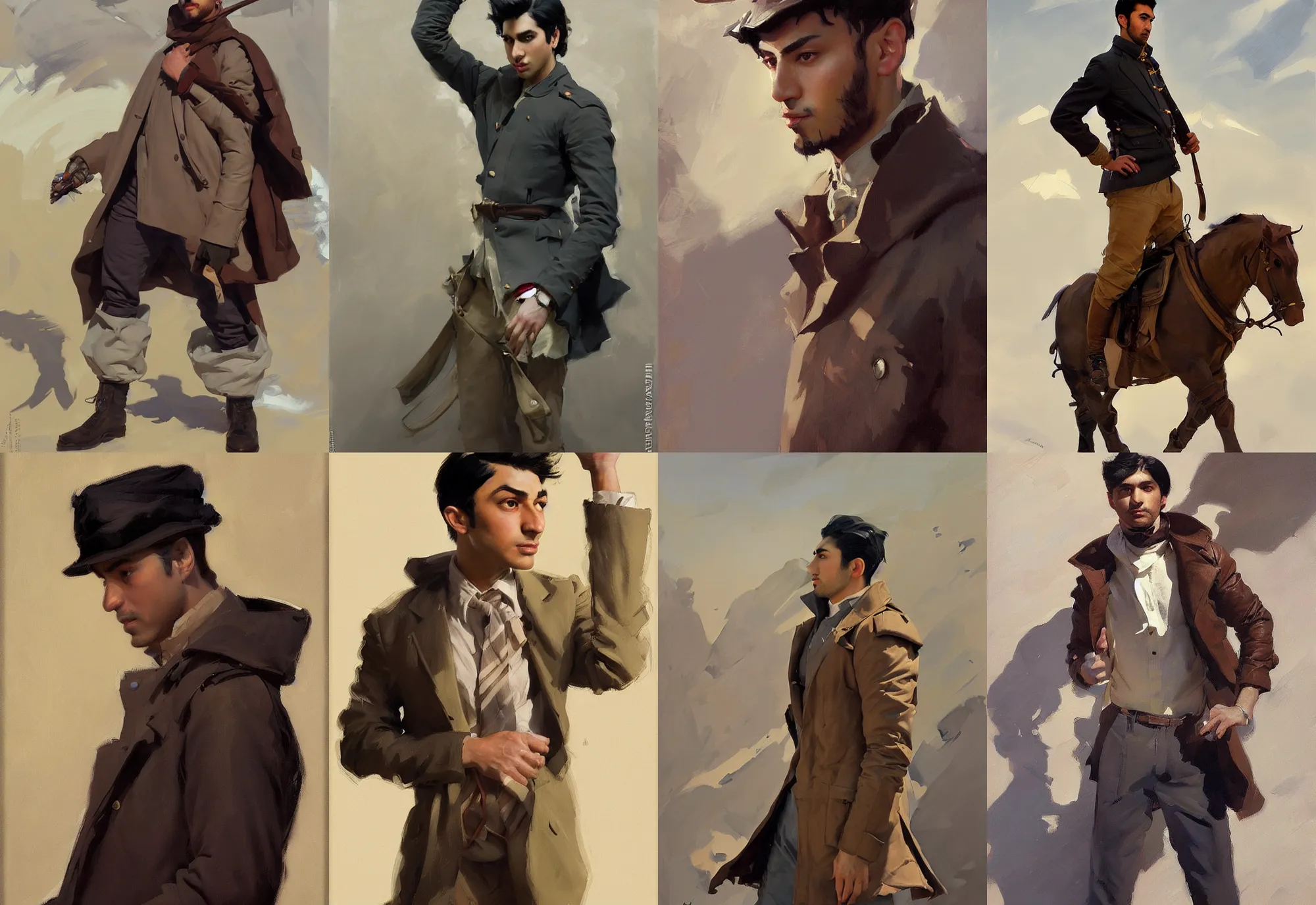 Prompt: portrait of russian iranian asian african model men jodhpurs winter traveler greg manchess painting by sargent and leyendecker, studio ghibli, fantasy, medium shot, asymmetrical, intricate, elegant, matte painting, illustration, hearthstone, by greg rutkowski, by greg tocchini, by james gilleard, by joe fenton