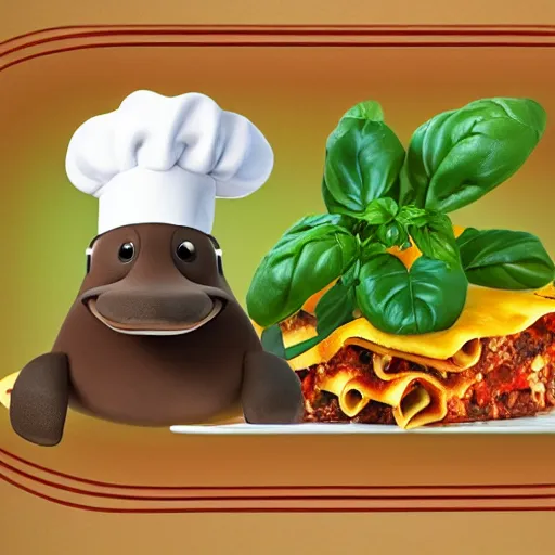 Image similar to cute platypus wearing a chef hat and holding a lasagna with three basil leaves over the lasagna, pixar style, ultradetailed, dramatic