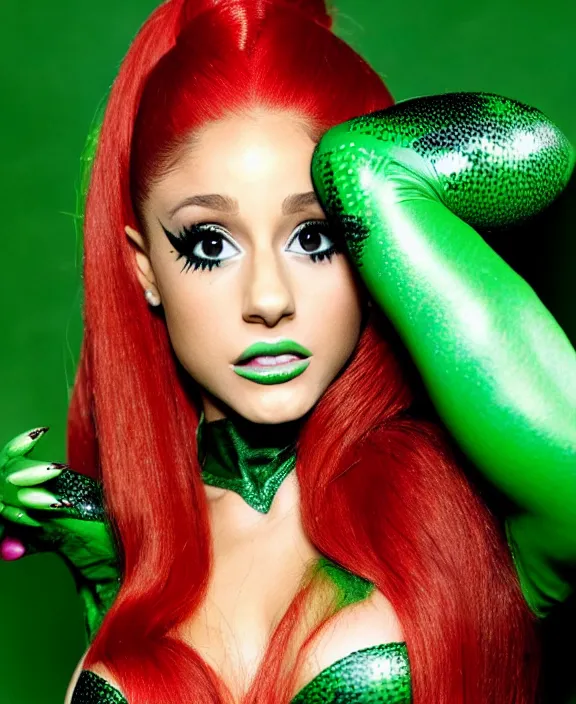 Image similar to ariana grande modeling as poison ivy, professional photograph