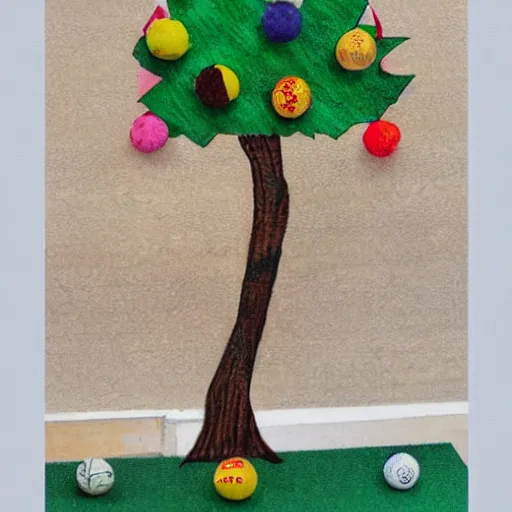 Prompt: a hacky sack on the tree, school art