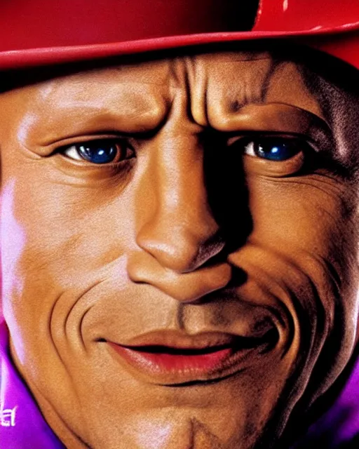 Image similar to Film still close-up shot of Dwayne Johnson as Willy Wonka from the movie Willy Wonka & The Chocolate Factory. Photographic, photography