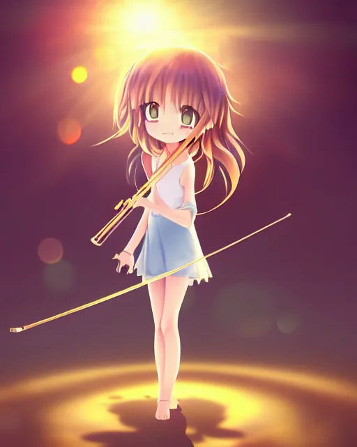 Image similar to anime style, realism, chibi, full body, a cute girl with white skin and golden long wavy hair holding a violin and playing a song, heavenly, stunning, realistic light and shadow effects, happy, centered, landscape shot, happy, simple background, studio ghibly makoto shinkai yuji yamaguchi