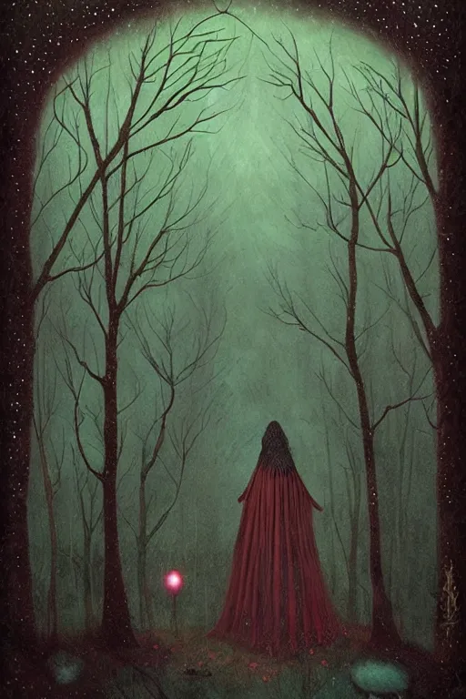 Image similar to tarot card, haunted woods, by andy kehoe