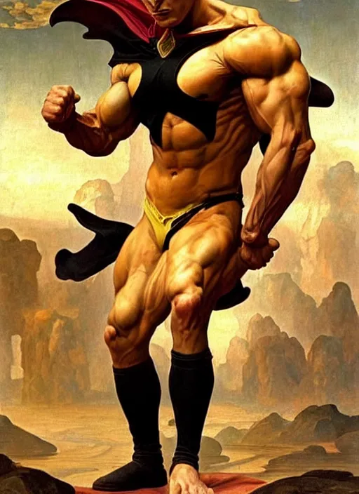 Image similar to renaissance painting of aggressive dc hourman, d & d, golden age, muscular! athetic slim bodybuilder, yellow and black, fantasy, intricate, elegant, highly detailed, digital painting, artstation, concept art, smooth, sharp focus, illustration, art by artgerm and greg rutkowski and alphonse mucha and alex ross